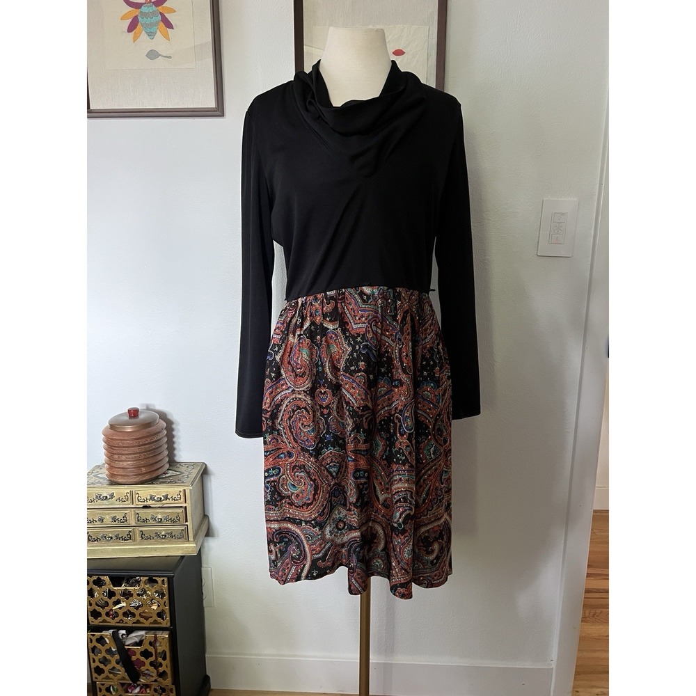 Vintage Knit Paisley Midi Dress Black Cowl Neck Long Sleeve Boho Medium Retro
